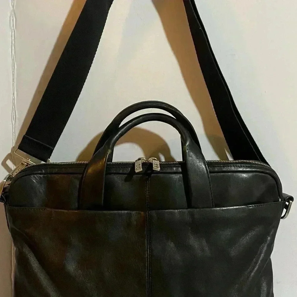 Knomo  unisex black leather messenger laptop briefcase bag